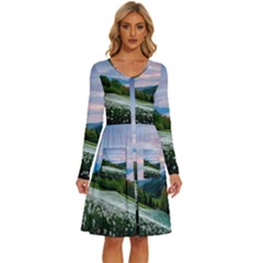 Field Of White Petaled Flowers Nature Landscape Long Sleeve Dress With Pocket