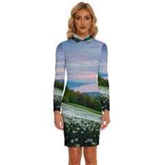 Field Of White Petaled Flowers Nature Landscape Long Sleeve Shirt Collar Bodycon Dress
