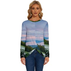 Field Of White Petaled Flowers Nature Landscape Long Sleeve Crew Neck Pullover Top