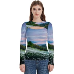 Field Of White Petaled Flowers Nature Landscape Women s Cut Out Long Sleeve T-Shirt