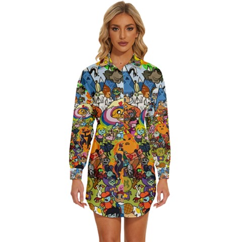 Cartoon Characters Tv Show  Adventure Time Multi Colored Womens Long Sleeve Shirt Dress by Sarkoni
