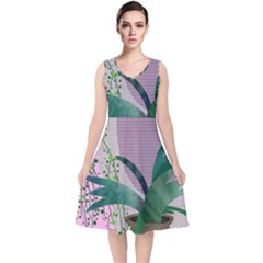 Botanical Plants Green Sheet Art V-neck Midi Sleeveless Dress 