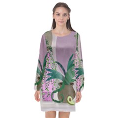 Botanical Plants Green Sheet Art Long Sleeve Chiffon Shift Dress 