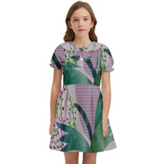 Botanical Plants Green Sheet Art Kids  Bow Tie Puff Sleeve Dress by Sarkoni