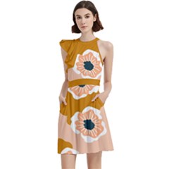Hand-drawn Poppy Flowers Cocktail Party Halter Sleeveless Dress With Pockets