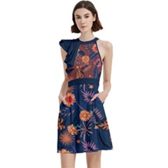 Floral leaves Thanksgiving Cocktail Party Halter Sleeveless Dress With Pockets