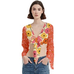 Floral Pattern Shawl Trumpet Sleeve Cropped Top