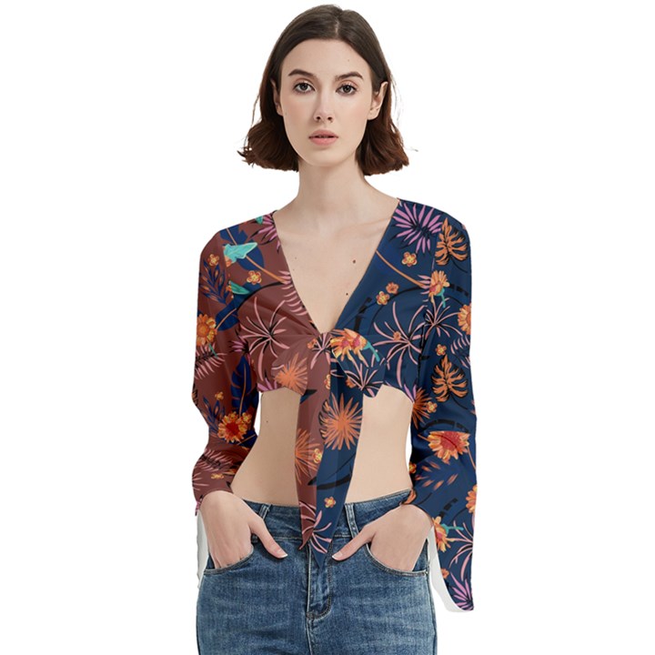 Floral leaves Thanksgiving Trumpet Sleeve Cropped Top