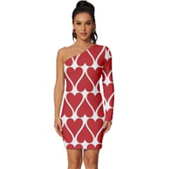 Hearts Pattern Seamless Red Love Long Sleeve One Shoulder Mini Dress