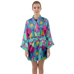 Checkerboard Squares Abstract Texture Patterns Long Sleeve Satin Kimono