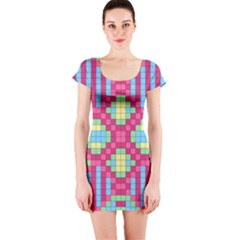 Checkerboard Squares Abstract Texture Pattern Short Sleeve Bodycon Dress by Apen