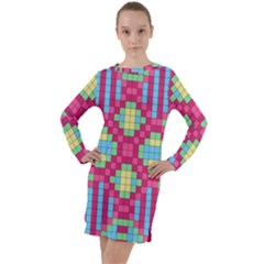 Checkerboard Squares Abstract Texture Pattern Long Sleeve Hoodie Dress by Apen