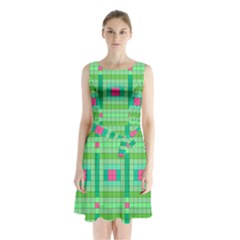 Checkerboard Squares Abstract Sleeveless Waist Tie Chiffon Dress