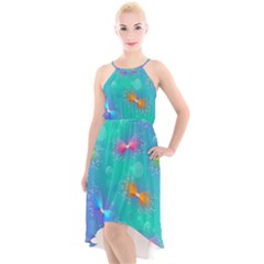 Non Seamless Pattern Blues Bright High-low Halter Chiffon Dress 