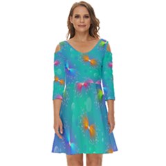 Non Seamless Pattern Blues Bright Shoulder Cut Out Zip Up Dress