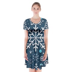 Snowflakes Pattern Short Sleeve V-neck Flare Dress by Modalart