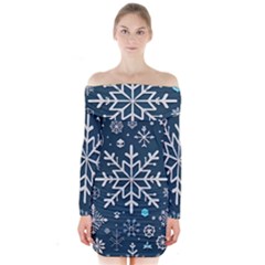 Snowflakes Pattern Long Sleeve Off Shoulder Dress by Modalart