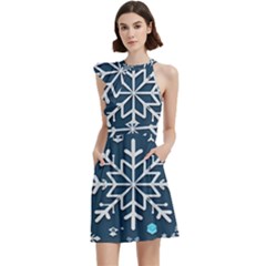 Snowflakes Pattern Cocktail Party Halter Sleeveless Dress With Pockets