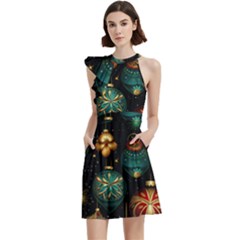 Christmas Ornaments Cocktail Party Halter Sleeveless Dress With Pockets