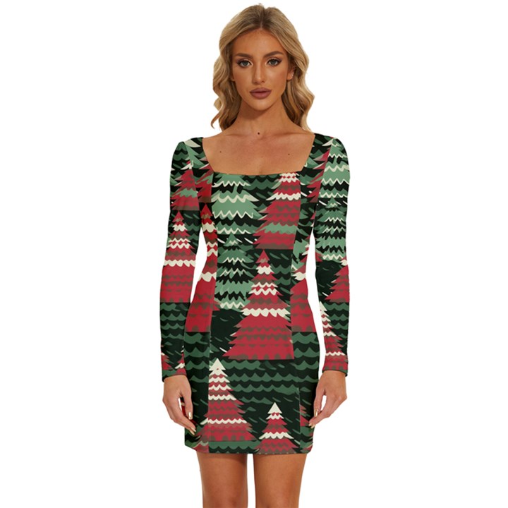 Christmas Trees Long Sleeve Square Neck Bodycon Velvet Dress