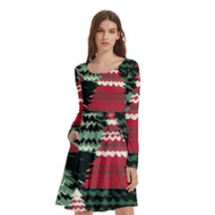 Christmas Trees Long Sleeve Knee Length Skater Dress With Pockets