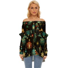 Christmas Ornaments Off Shoulder Chiffon Pocket Shirt