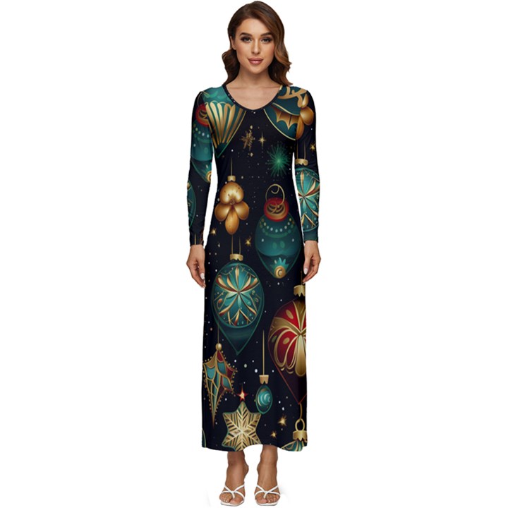 Christmas Ornaments Long Sleeve Longline Maxi Dress