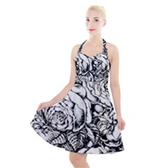 Roses Bouquet Flowers Sketch Halter Party Swing Dress  by Modalart