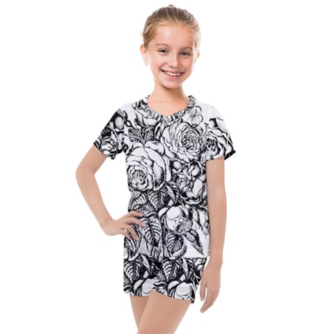 Roses Bouquet Flowers Sketch Kids  Mesh T-shirt And Shorts Set by Modalart