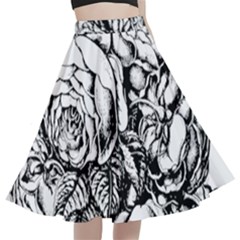 Roses Bouquet Flowers Sketch A-line Full Circle Midi Skirt With Pocket