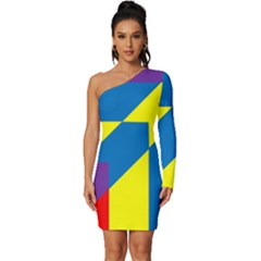 Colorful Red Yellow Blue Purple Long Sleeve One Shoulder Mini Dress