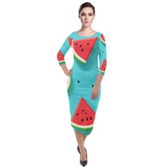 Watermelon Fruit Slice Quarter Sleeve Midi Velour Bodycon Dress by Bedest