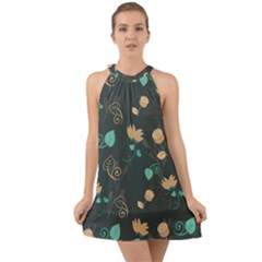 Flower Leaves Pattern Seamless Halter Tie Back Chiffon Dress by Bedest