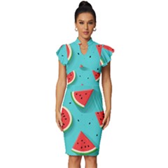 Watermelon Fruit Slice Vintage Frill Sleeve V-neck Bodycon Dress by Bedest