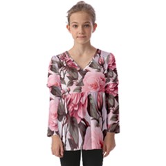 Rose Flower Seamless Kids  V Neck Casual Top by Bedest