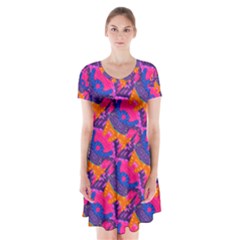 Purple Blue Abstract Pattern Short Sleeve V-neck Flare Dress by Bedest