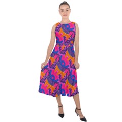 Purple Blue Abstract Pattern Midi Tie-back Chiffon Dress