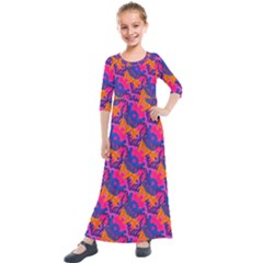 Purple Blue Abstract Pattern Kids  Quarter Sleeve Maxi Dress