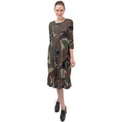 Camouflage Pattern Fabric Ruffle End Midi Chiffon Dress