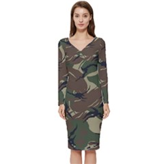 Camouflage Pattern Fabric Long Sleeve V-Neck Bodycon Dress 