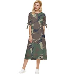 Camouflage Pattern Fabric Bow Sleeve Chiffon Midi Dress