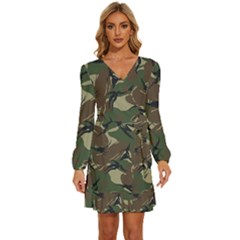 Camouflage Pattern Fabric Long Sleeve Waist Tie Ruffle Velvet Dress