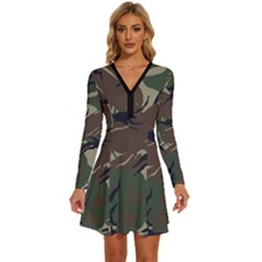 Camouflage Pattern Fabric Long Sleeve Deep V Mini Dress 