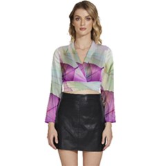 Leaf Desenho Micro Long Sleeve Tie Back Satin Wrap Top by Bedest