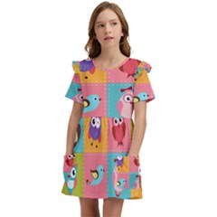 Owls Pattern Abstract Art Desenho Vector Cartoon Kids  Frilly Sleeves Pocket Dress