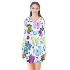 Butterflies Abstract Background Colorful Desenho Vector Long Sleeve V-neck Flare Dress