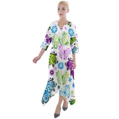 Butterflies Abstract Background Colorful Desenho Vector Quarter Sleeve Wrap Front Maxi Dress