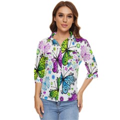 Butterflies Abstract Background Colorful Desenho Vector Women s Quarter Sleeve Pocket Shirt