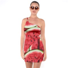 Watermelon Fruit Green Red One Shoulder Ring Trim Bodycon Dress by Bedest