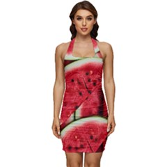 Watermelon Fruit Green Red Sleeveless Wide Square Neckline Ruched Bodycon Dress by Bedest